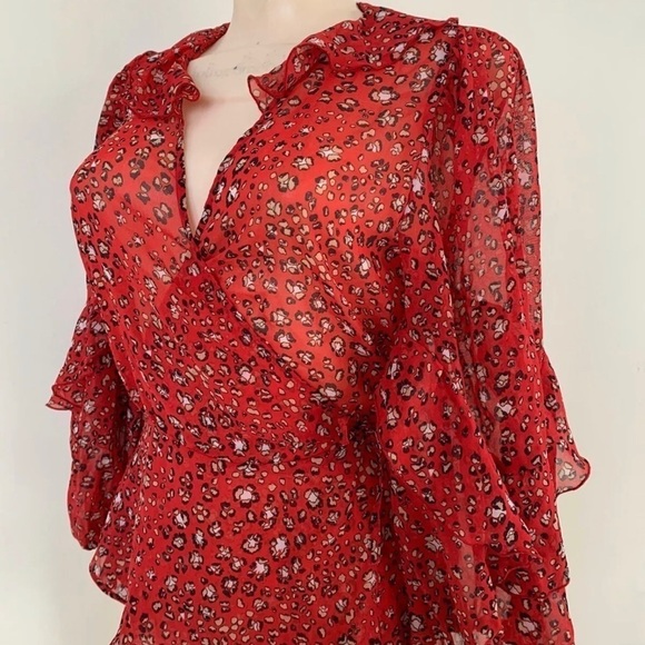 Zara Red Animal Print Sheer Flowy Ruffle Trim Wrap Blouse Top sz Small - Picture 7 of 8